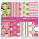 Girl Monkey Pink Stripes Dots & Chevron Digital Paper #A167