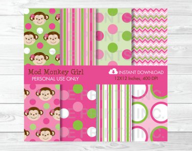 Girl Monkey Pink Stripes Dots & Chevron Digital Paper #A167