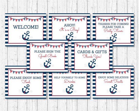Nautical Anchor Blue & Red Baby Shower Table Signs - 8 Printable Signs #A259