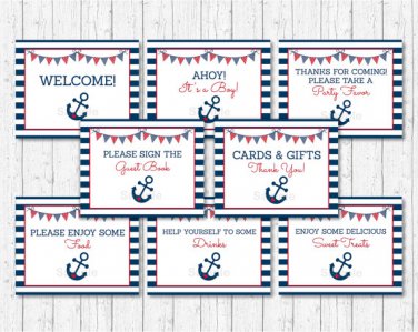 Nautical Anchor Blue & Red Baby Shower Table Signs - 8 Printable Signs #A259