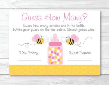 Pink Bumble Bee Printable Baby Shower "Guess How Many?" Game Cards #A101