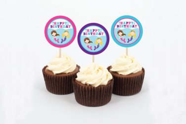 Mermaid Birthday Pool Party Printable Cupcake Toppers Party Favor Tags #A363