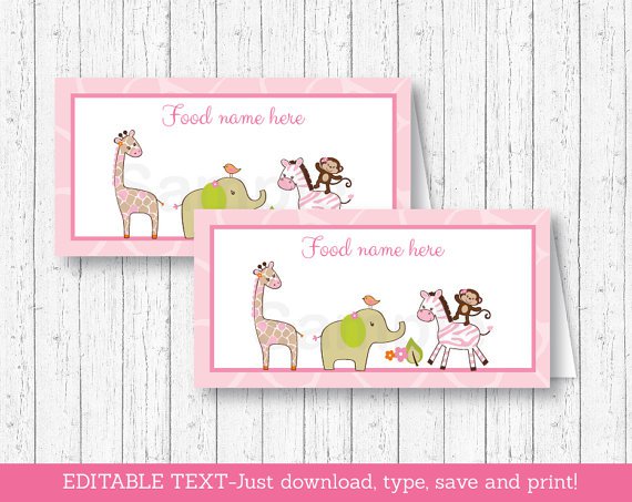 Safari Girl Pink Jungle Animals Buffet Tent Cards & Place Cards Editable PDF #A229