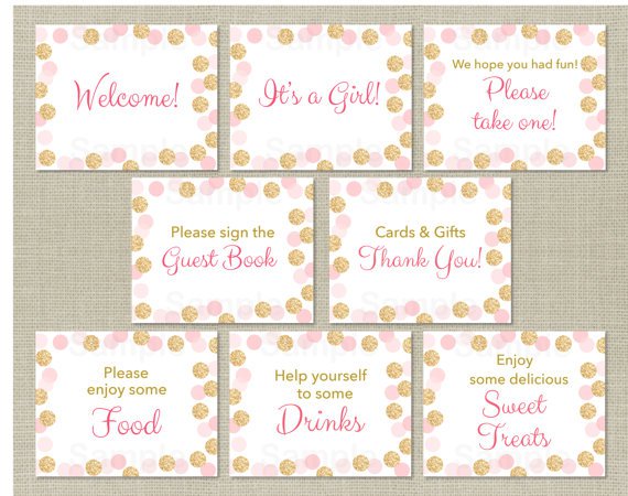 Blush Pink & Gold Glitter Dots Baby Shower Table Signs - 8 Printable Signs #A380