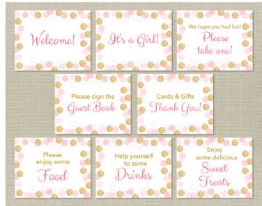 Blush Pink & Gold Glitter Dots Baby Shower Table Signs - 8 Printable Signs #A380