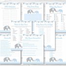 Blue Chevron Elephant Baby Shower Games Pack - 8 Printable Games #A187