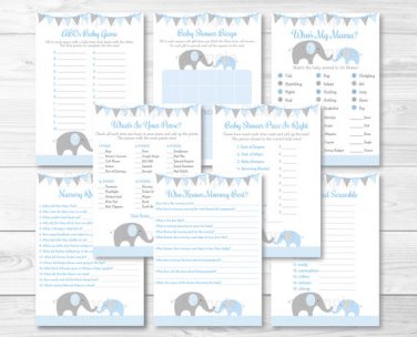 Blue Chevron Elephant Baby Shower Games Pack - 8 Printable Games #A187