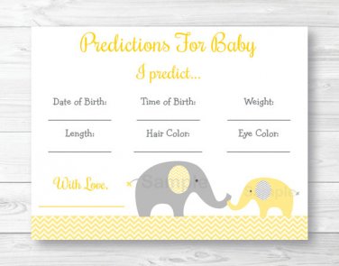 Yellow Chevron Elephant Baby Shower Baby Predictions Game Cards Printable #A181