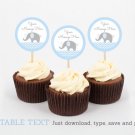 Blue Chevron Elephant Printable Cupcake Toppers Party Favor Tags #A187