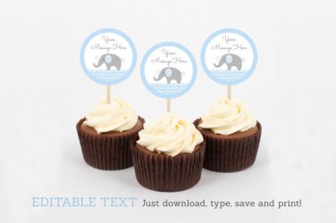 Blue Chevron Elephant Printable Cupcake Toppers Party Favor Tags #A187