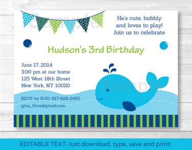 Nautical Blue Whale Birthday Invitation Printable Editable PDF #A163