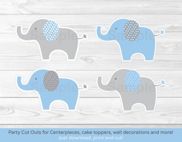Blue & Gray Polka Dot Elephant Party Cutouts Decorations Printable #A135