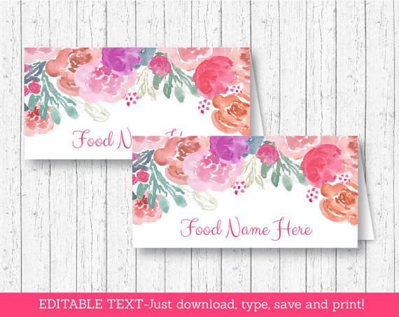 Pink Watercolor Flowers Buffet Tent Cards & Place Cards Editable PDF #A385