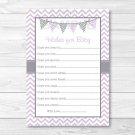 Purple & Grey Chevron Printable Baby Shower Wishes For Baby Advice Cards #A370