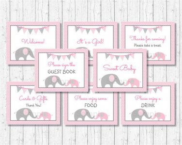 Pink Chevron Elephant Baby Shower Table Signs - 8 Printable Signs #A186