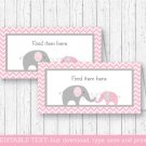 Pink Chevron Elephant Buffet Tent Cards & Place Cards Editable PDF #A186