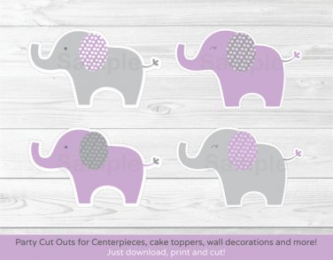 Lavender Polka Dot Elephant Party Cutouts Decorations Printable #A242