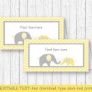 Yellow Chevron Elephant Buffet Tent Cards & Place Cards Editable PDF #A181