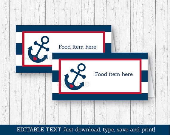 Nautical Anchor Blue & Red Buffet Tent Cards & Place Cards Editable PDF #A259