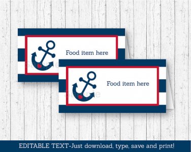 Nautical Anchor Blue & Red Buffet Tent Cards & Place Cards Editable PDF #A259