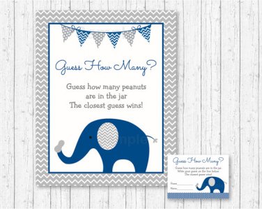 Blue Elephant Guess The Peanuts Baby Shower "Guess How Many?" Game Cards #A373
