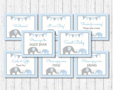 Blue Chevron Elephant Baby Shower Table Signs - 8 Printable Signs #A187