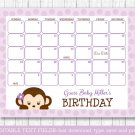 Purple Monkey Baby Due Date Calendar Editable PDF #A388