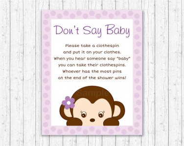 Purple Monkey Dont Say Baby Baby Shower Game Printable #A388