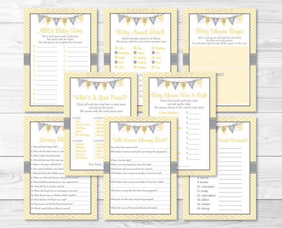 Yellow Chevron Baby Shower Games Pack - 8 Printable Games #A356