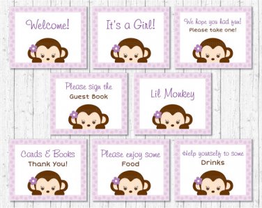 Purple Monkey Baby Shower Table Signs - 8 Printable Signs #A388