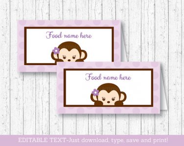 Purple Monkey Buffet Tent Cards & Place Cards Editable PDF #A388