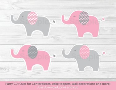 Pink & Gray Polka Dot Elephant Party Cutouts Decorations Printable #A160