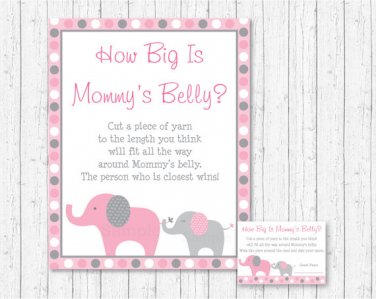 Pink & Gray Polka Dot Elephant How Big Is Mommys Belly Baby Shower Game #A160
