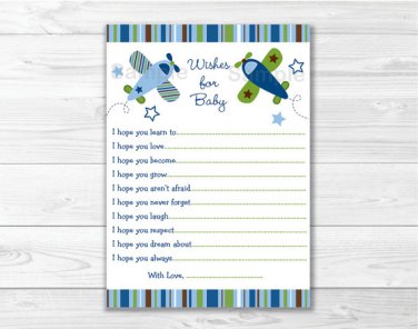 Blue & Green Airplane Printable Baby Shower Wishes For Baby Advice Cards #A112