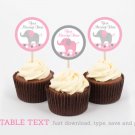 Pink & Gray Polka Dot Elephant Cupcake Toppers Party Favor Tags Editable PDF #A160