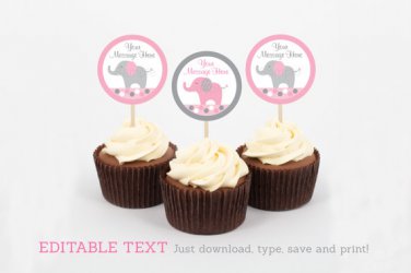 Pink & Gray Polka Dot Elephant Cupcake Toppers Party Favor Tags Editable PDF #A160