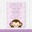 Purple Monkey Printable Baby Shower Invitation Editable PDF #A388