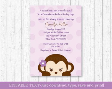 Purple Monkey Printable Baby Shower Invitation Editable PDF #A388