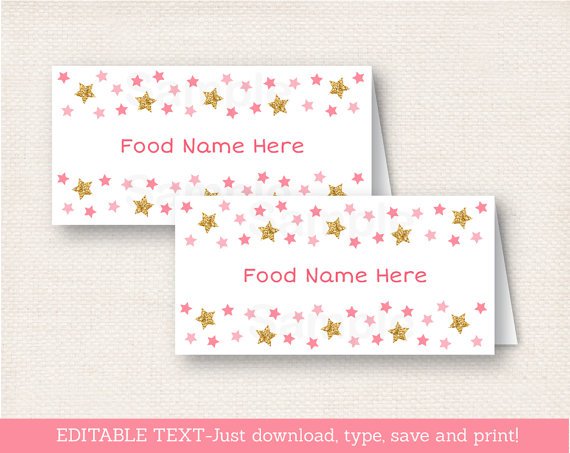 Twinkle Star Pink & Gold Buffet Tent Cards & Place Cards Editable PDF #A358