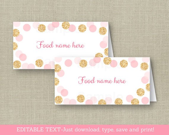 Blush Pink & Gold Glitter Dots Buffet Tent Cards & Place Cards Editable PDF #A380