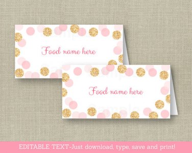 Blush Pink & Gold Glitter Dots Buffet Tent Cards & Place Cards Editable PDF #A380