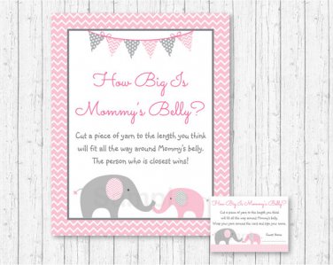 Pink Chevron Elephant How Big Is Mommys Belly Baby Shower Game #A186