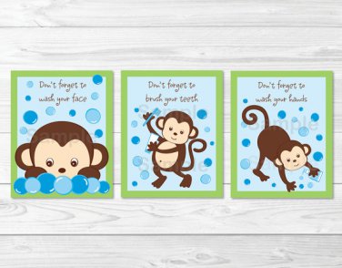 Pop Monkey Kids Bathroom Wash Hands Brush Teeth Printable Bathroom Wall Art #A175