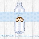 Mod Pop Monkey Blue Water Bottle Labels Printable Editable PDF #A175