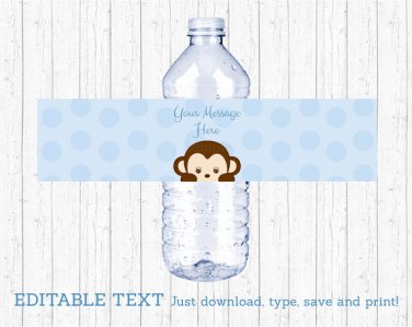 Mod Pop Monkey Blue Water Bottle Labels Printable Editable PDF #A175
