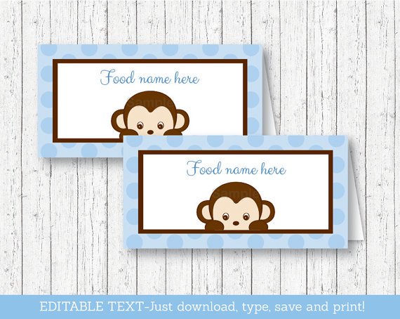 Mod Pop Monkey Blue Buffet Tent Cards & Place Cards Editable PDF #A175