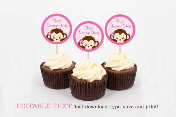 Girl Pop Monkey Pink Cupcake Toppers Party Favor Tags Editable PDF #A167