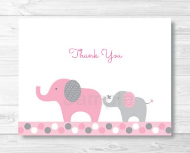 Pink & Gray Polka Dot Elephant Thank You Card Printable #A160