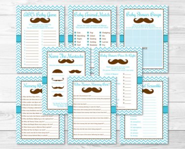 Little Man Mustache Chevron Baby Shower Games Pack - 8 Printable Games #A376