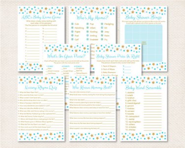 Twinkle Star Blue & Gold Glitter Baby Shower Games Pack - 8 Printable Games #A391